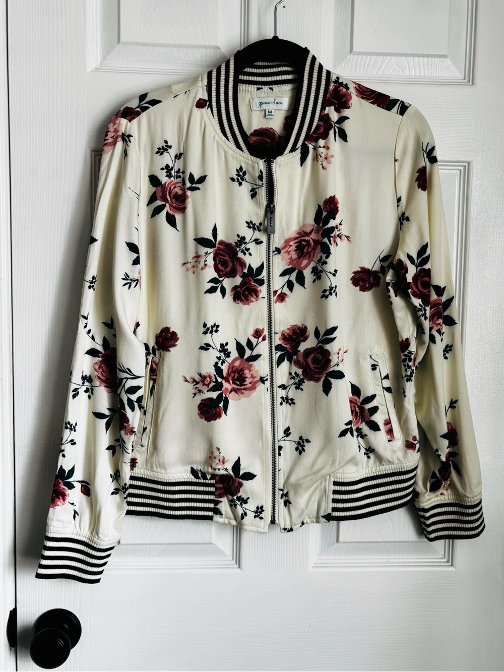 Grace and Lace  Floral Bomber Jacket - Cream with Pink Rose Print